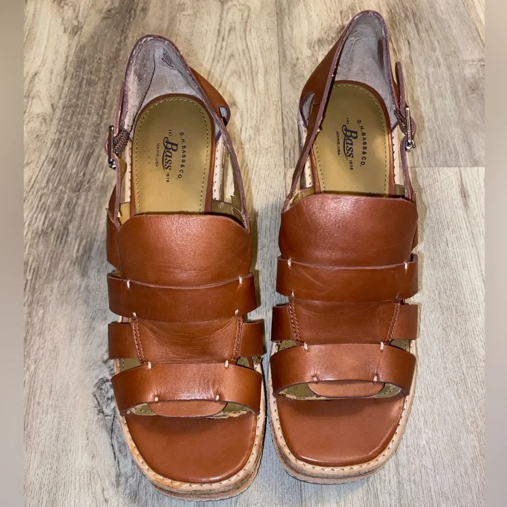 G HBass & Co Wedges Taylor Camel Brown Leather Strappy Platform Cork Heel sz 8M - Picture 2 of 16